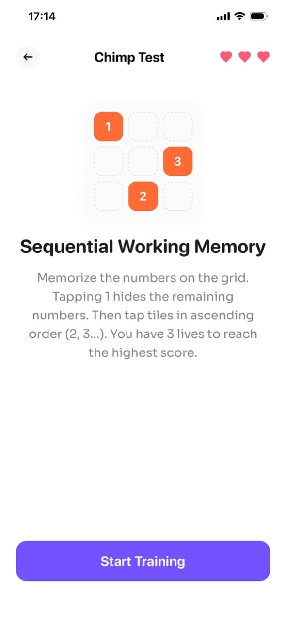 Chimp Test starting screen: sequential working memory and Start Training