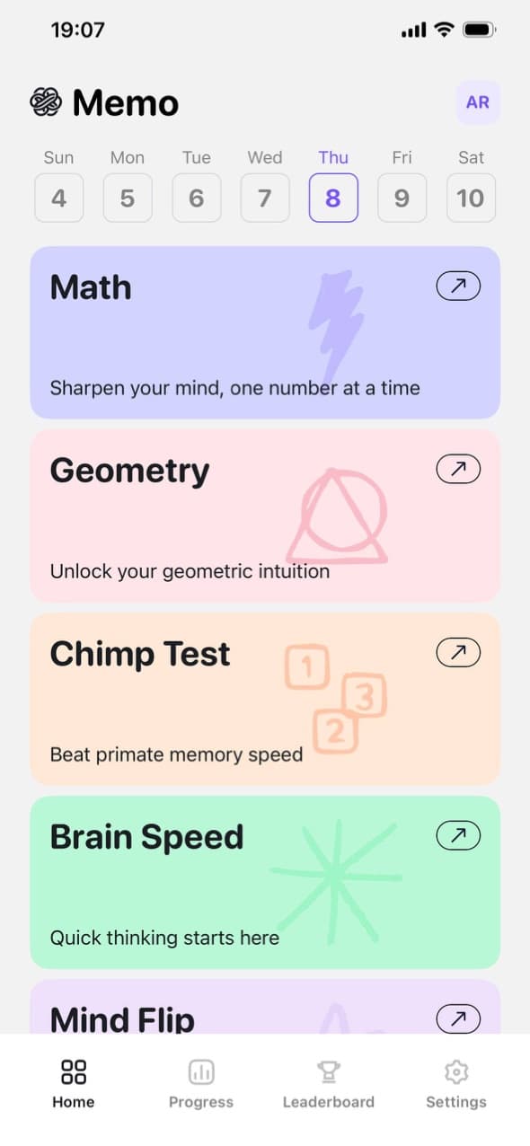 Memo home screen with pastel game cards