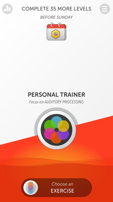BrainHQ app screenshot: a personal trainer screen for auditory processing exercises