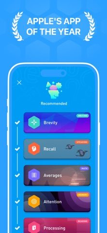 Elevate app screenshot: a training path of daily games with an Apple App of the Year badge