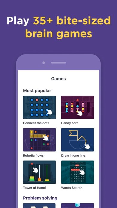 Impulse app screenshot: a grid of 35+ bite-sized puzzle games