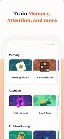 Lumosity app screenshot: game tiles grouped into Memory and Attention