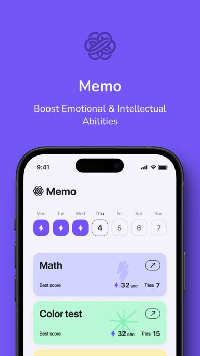 Memo app screenshot: the home screen with a week calendar and cards for Math and Color test