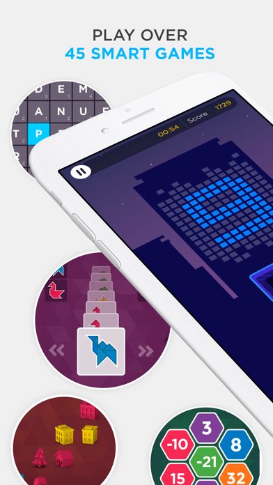 Peak app screenshot: a number-memory game with the caption Play over 45 smart games
